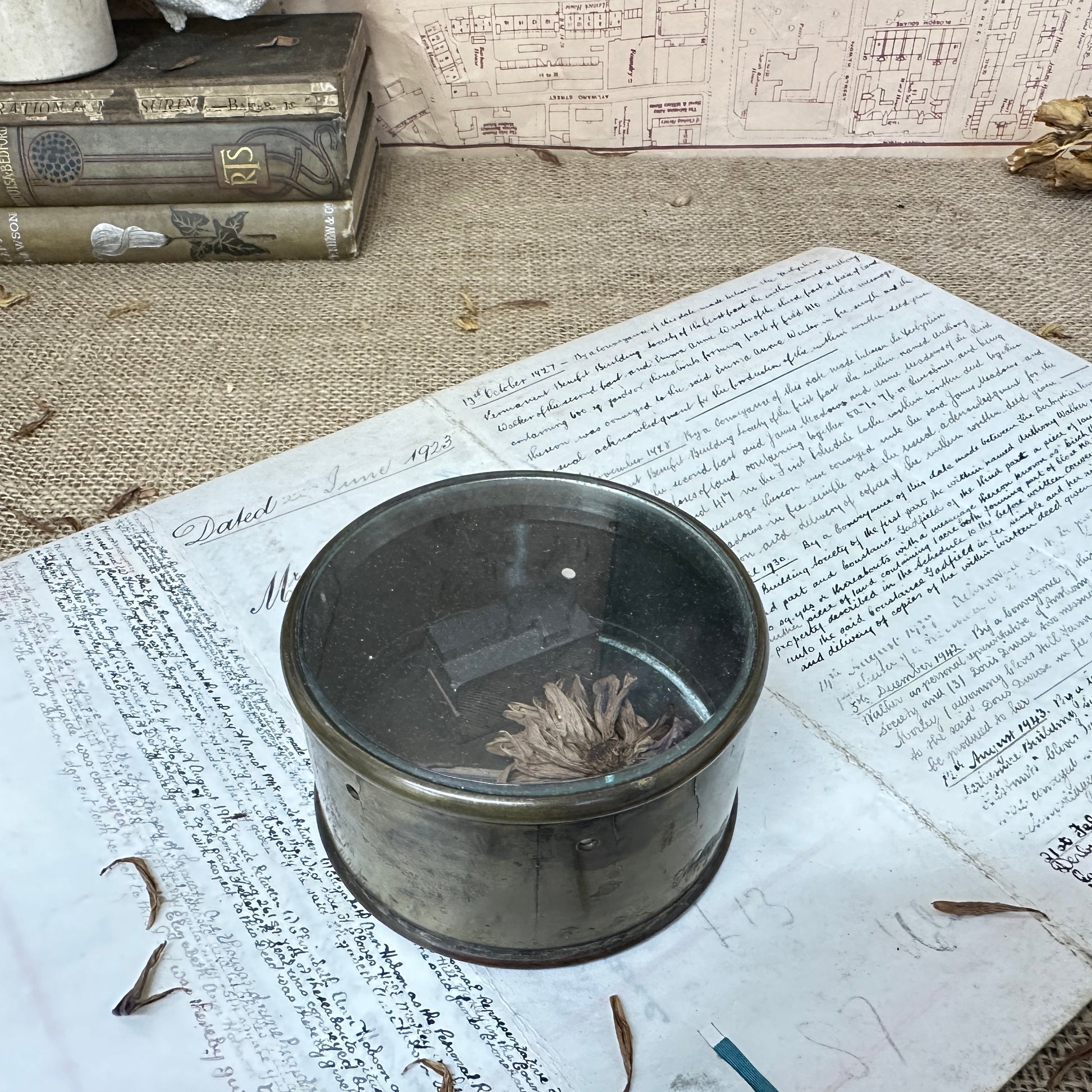 Brass Trench Art Glass Lidded Pot