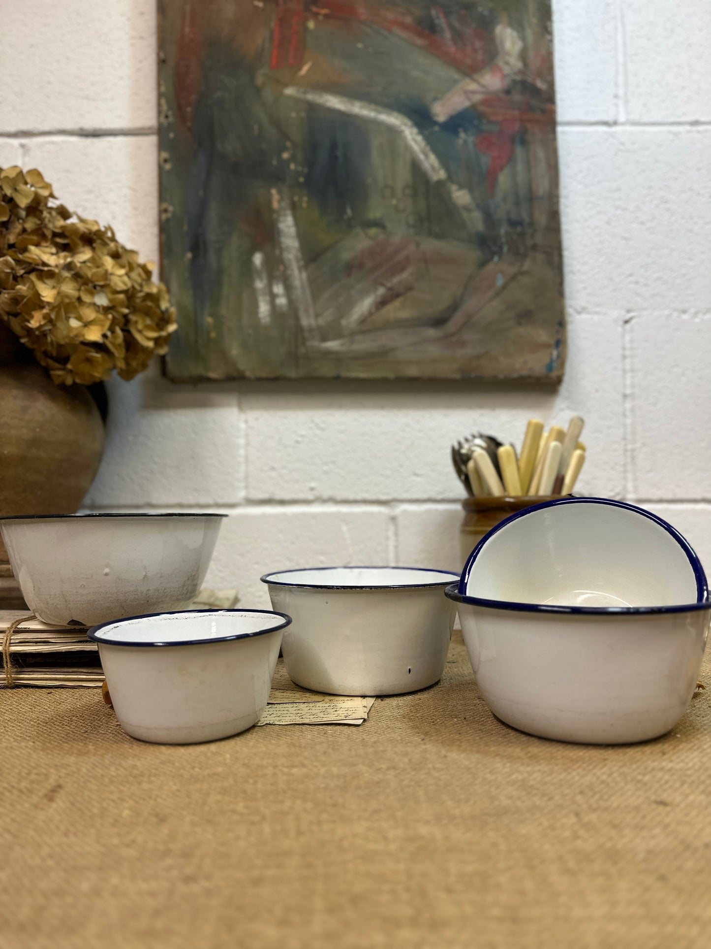 Enamel White & Blue Deep Bowls