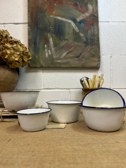Enamel White & Blue Deep Bowls