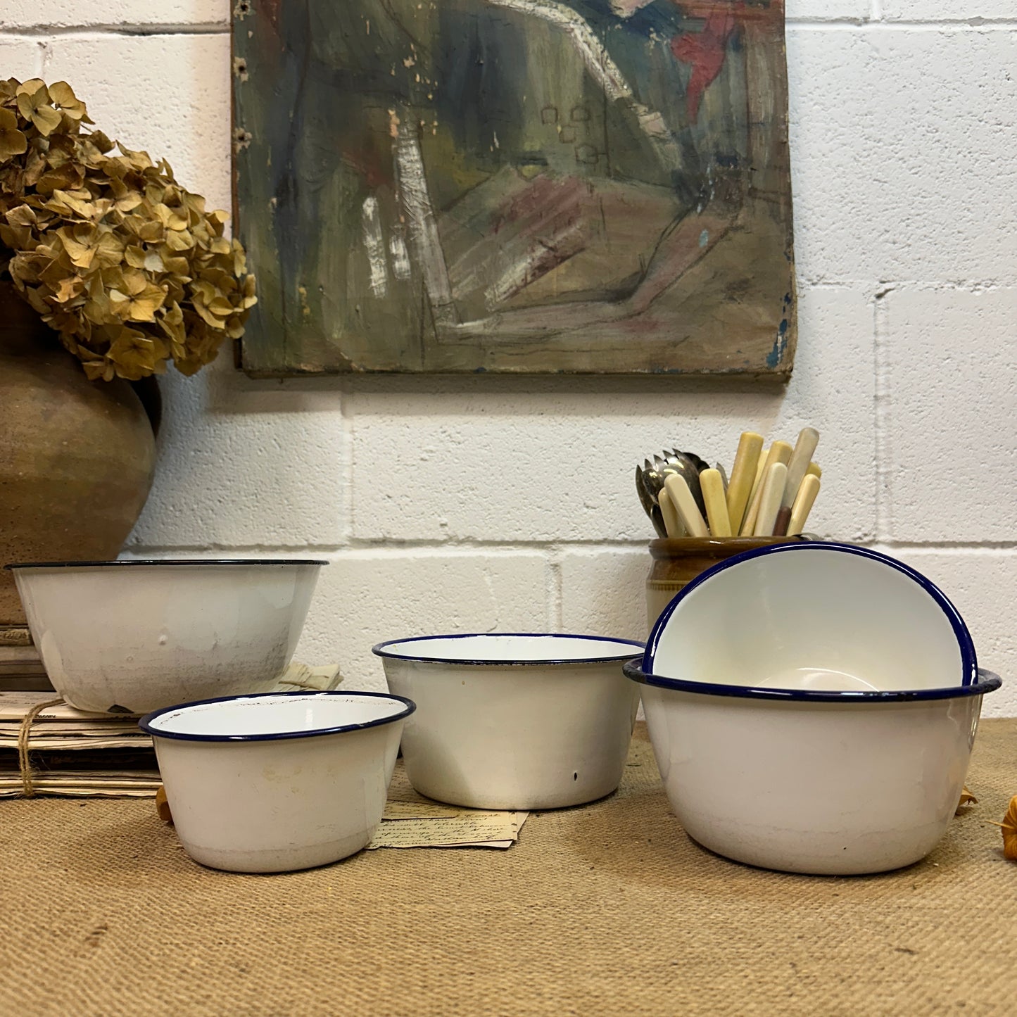 Enamel White & Blue Deep Bowls