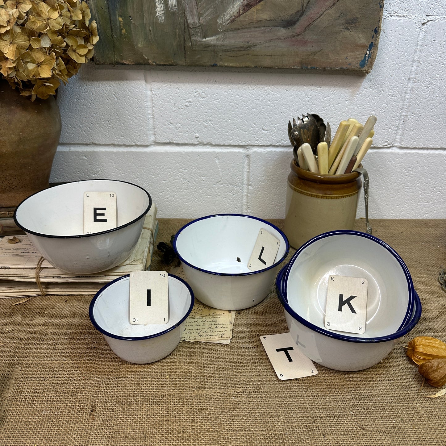 Enamel White & Blue Deep Bowls