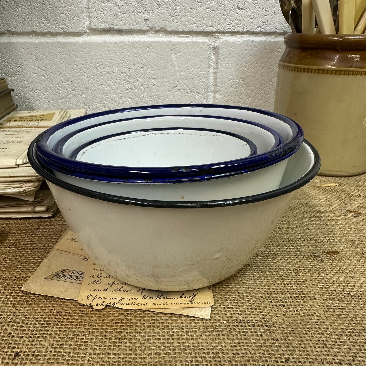 Enamel White & Blue Deep Bowls