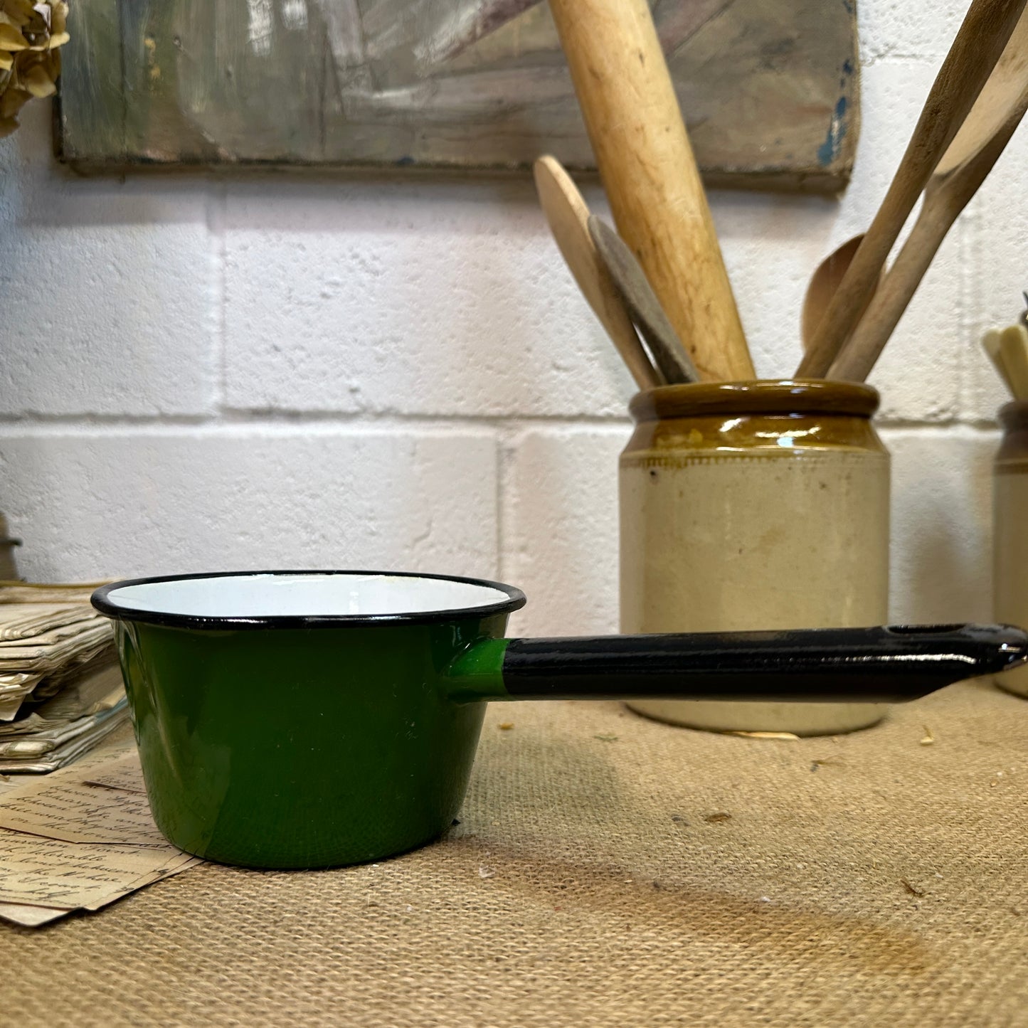 Vintage Green Enamel Milk Pan