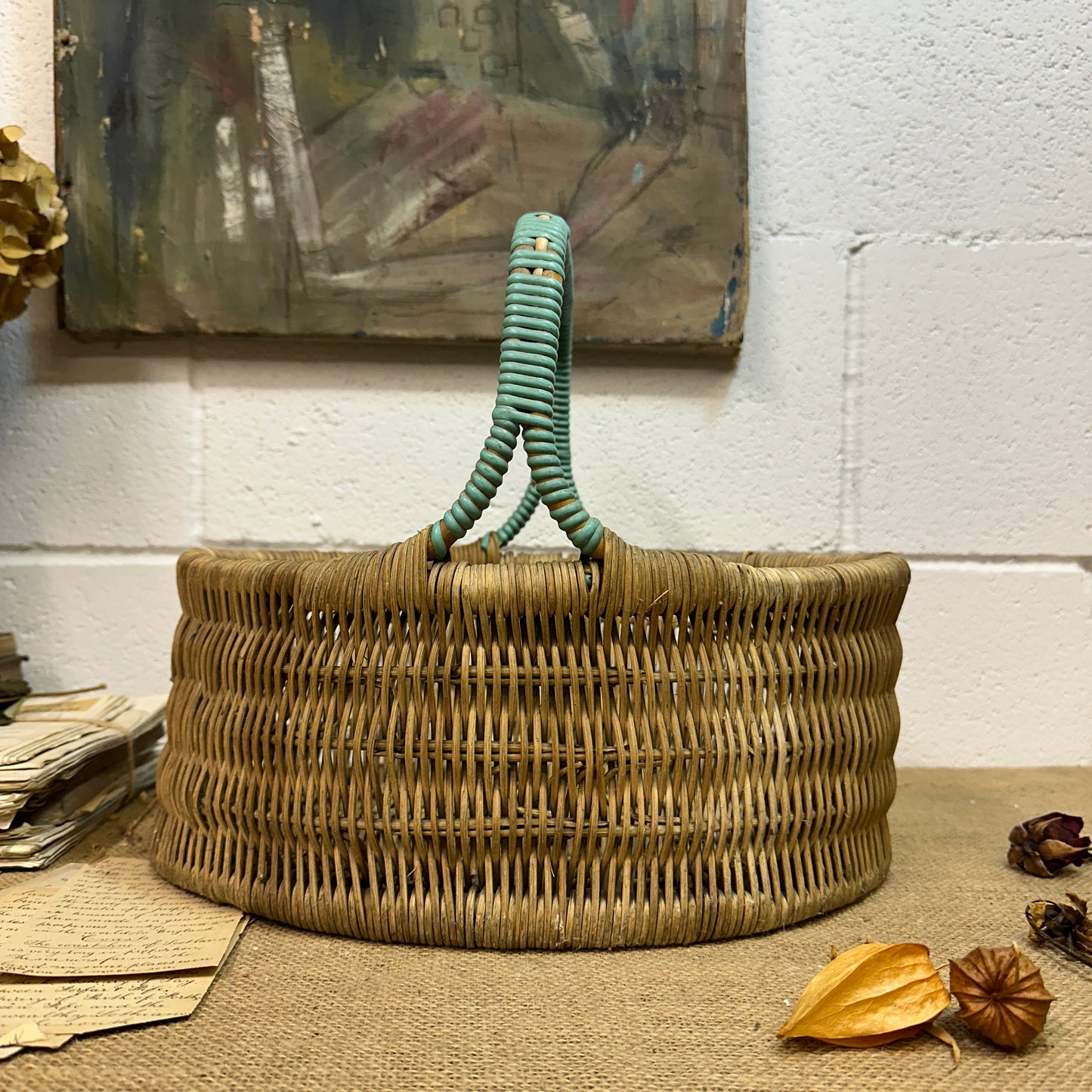 Vintage Wicker Hand Woven Basket Blue