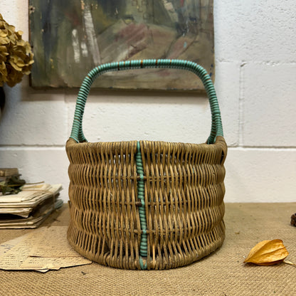 Vintage Wicker Hand Woven Basket Blue