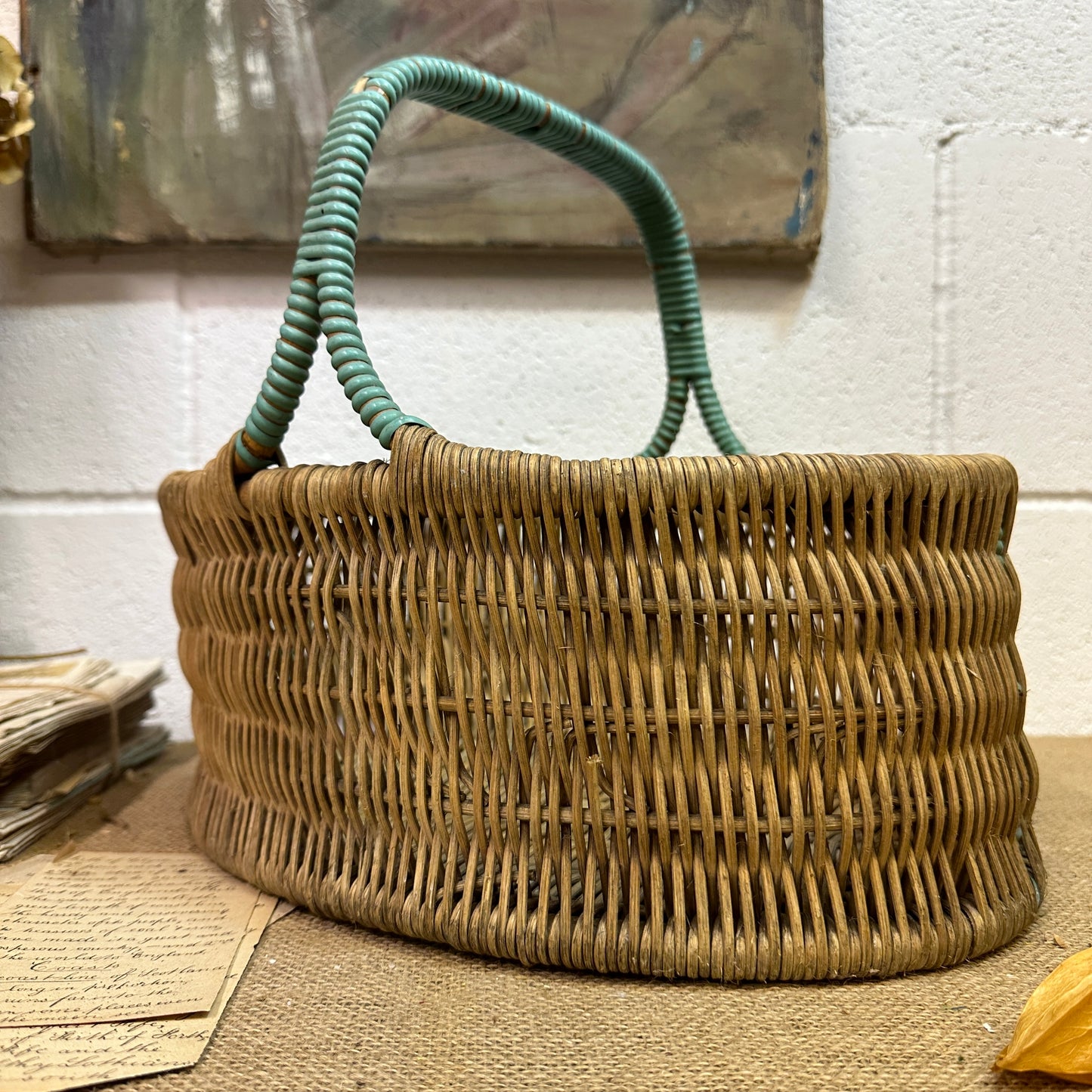 Vintage Wicker Hand Woven Basket Blue