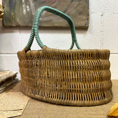 Vintage Wicker Hand Woven Basket Blue