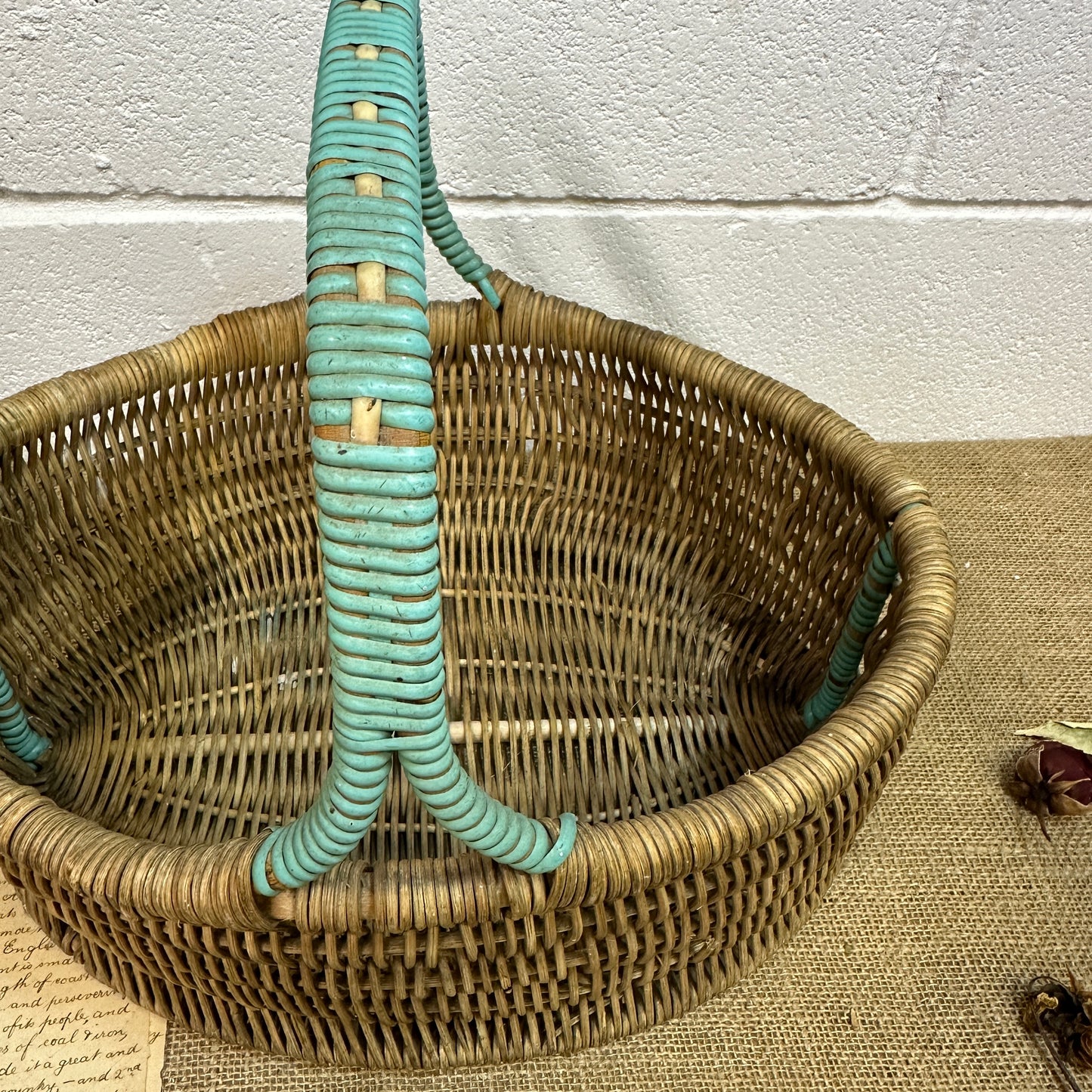 Vintage Wicker Hand Woven Basket Blue