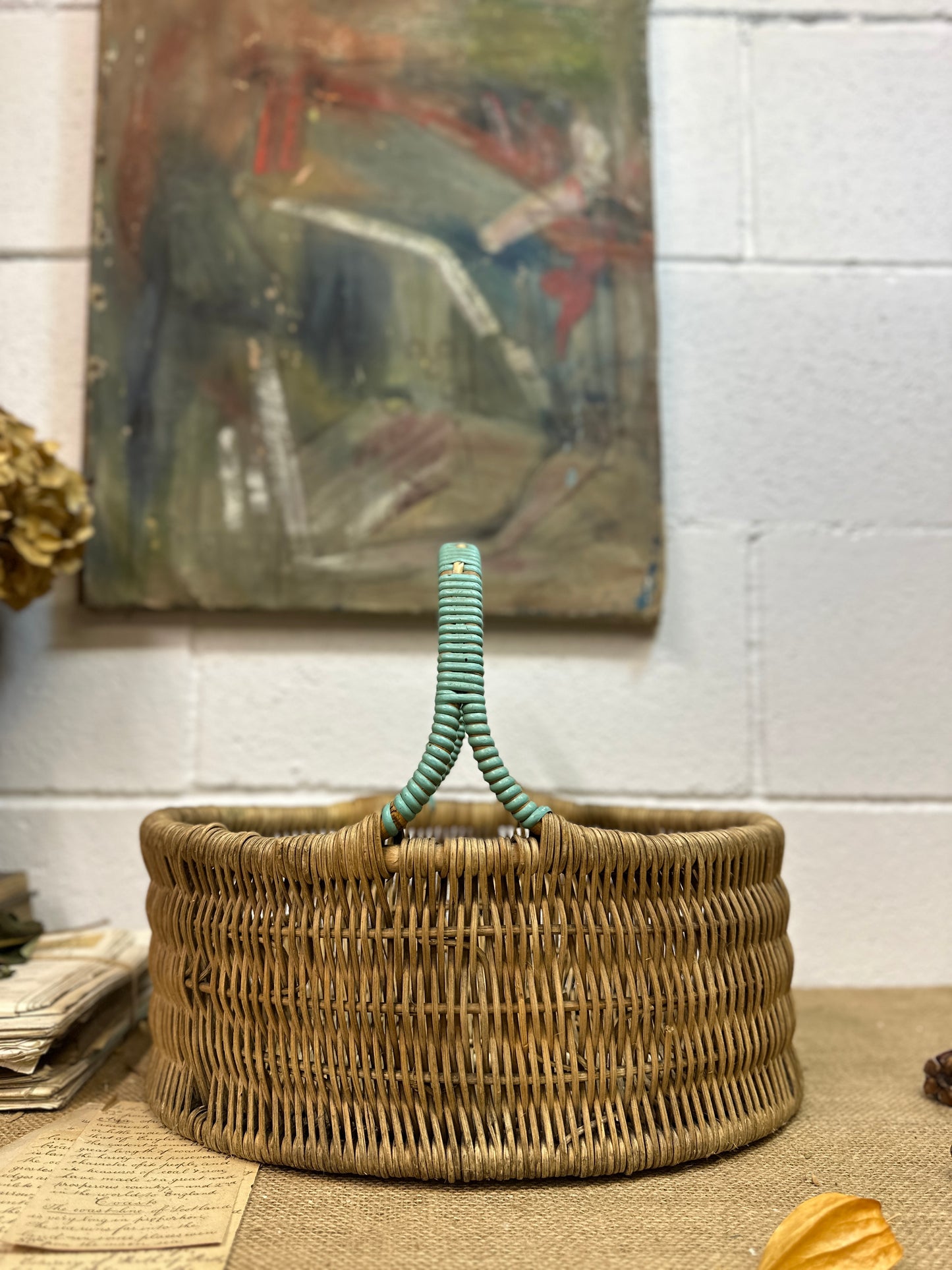 Vintage Wicker Hand Woven Basket Blue