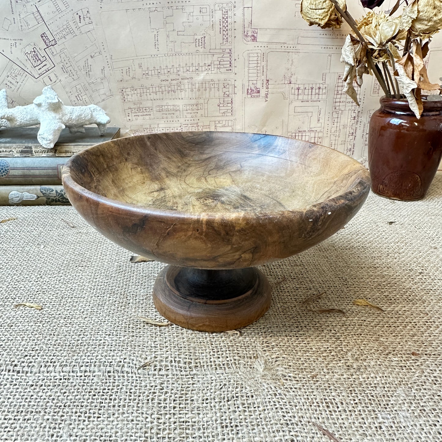 carved wooden footed fruit bowl