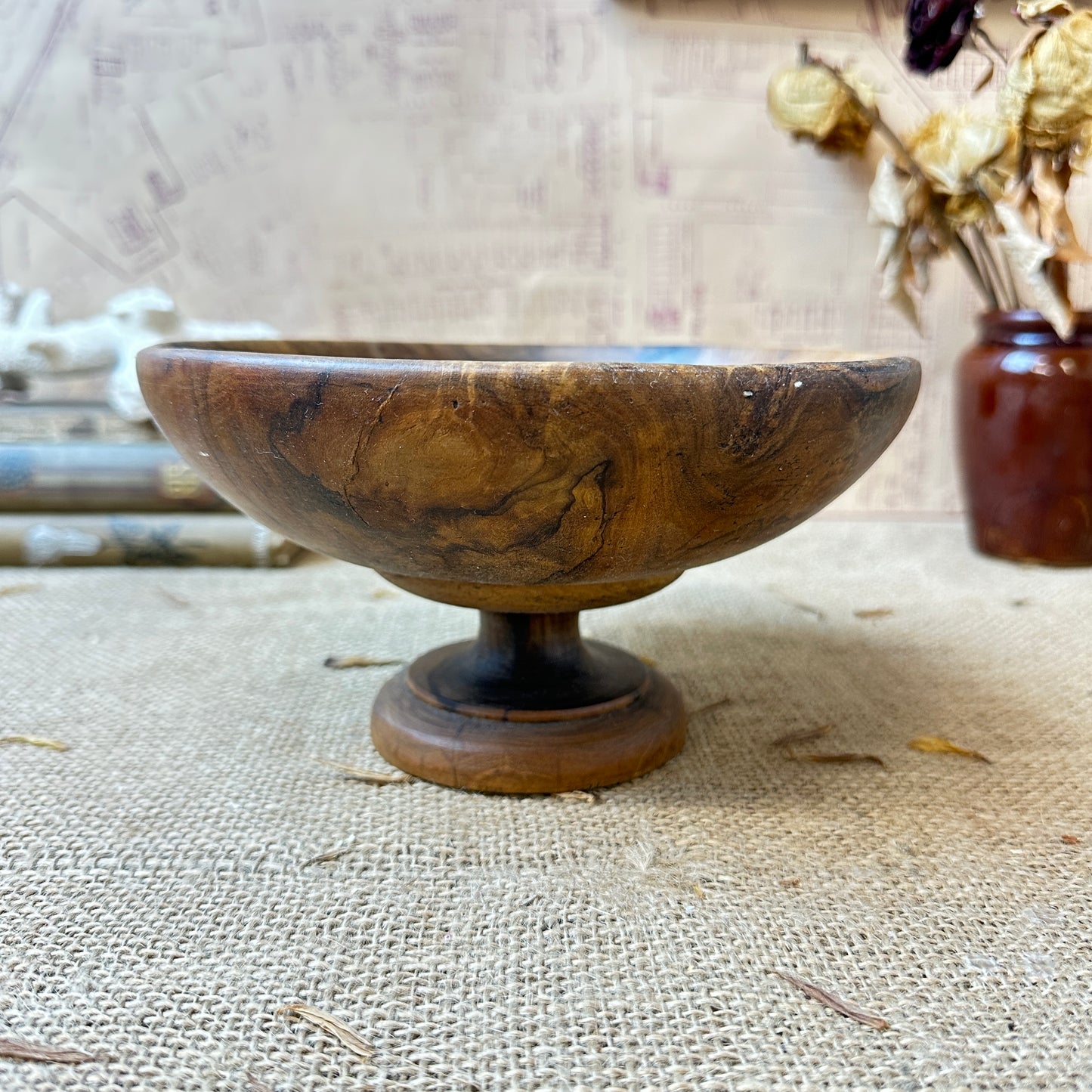 carved wooden footed fruit bowl