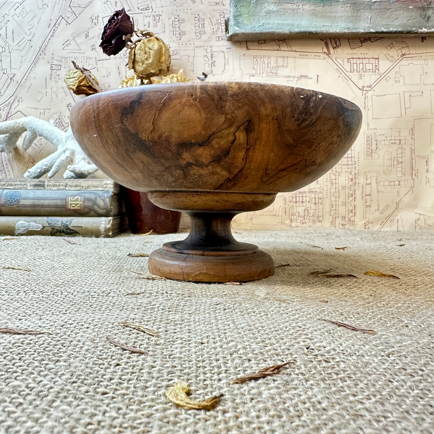 carved wooden footed fruit bowl