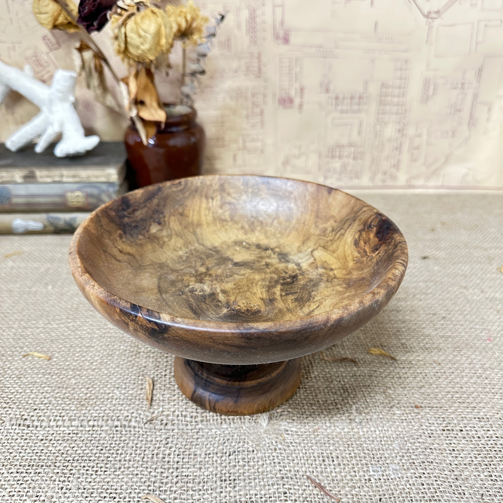 carved wooden footed fruit bowl