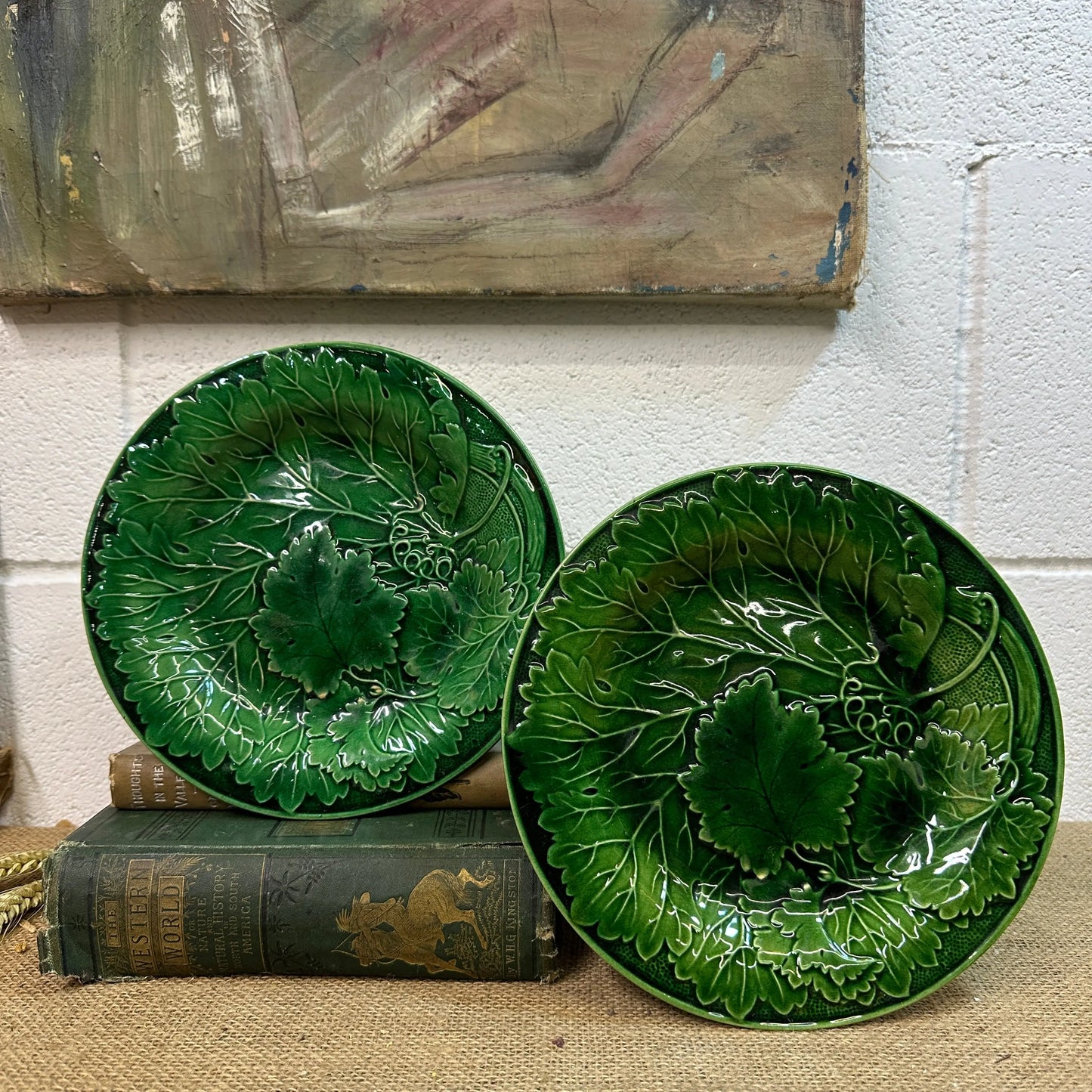 Victorian Vine Leaf Majolica Plates Pair The Blind Mole