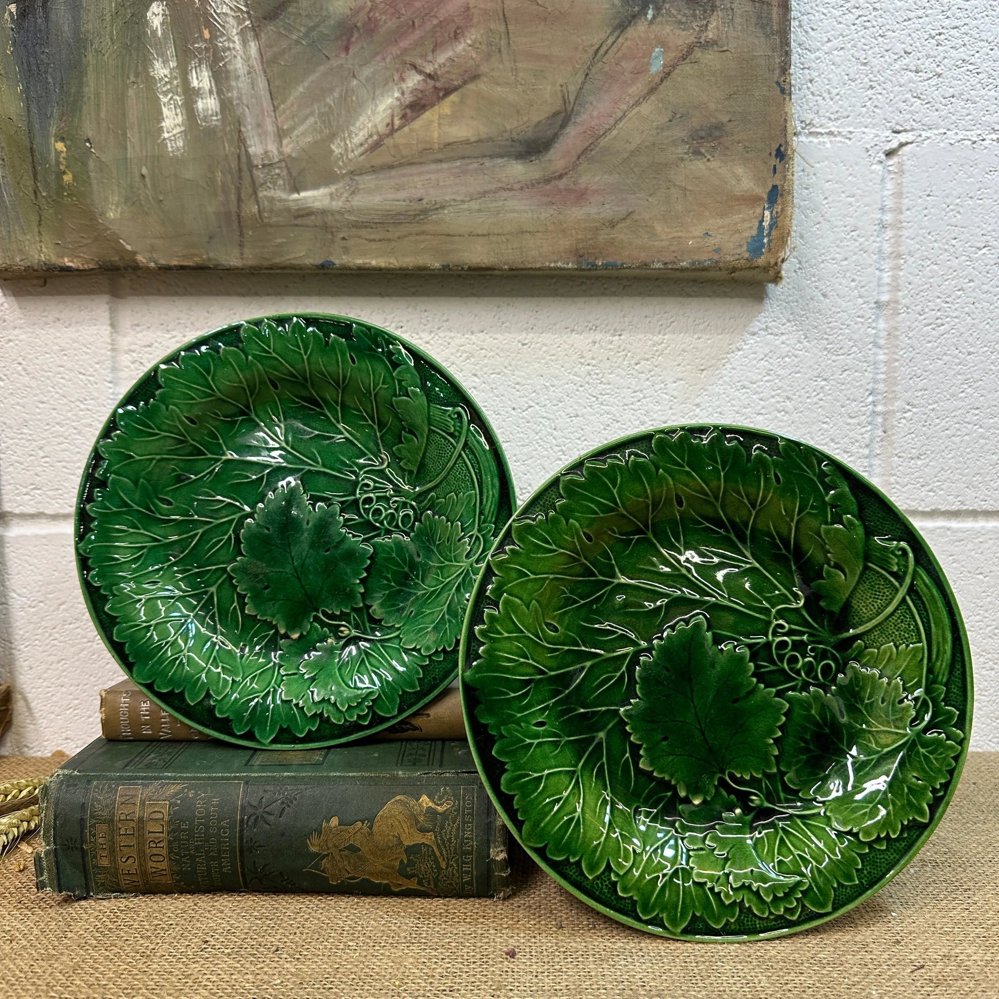 Victorian Vine Leaf Majolica Plates Pair The Blind Mole
