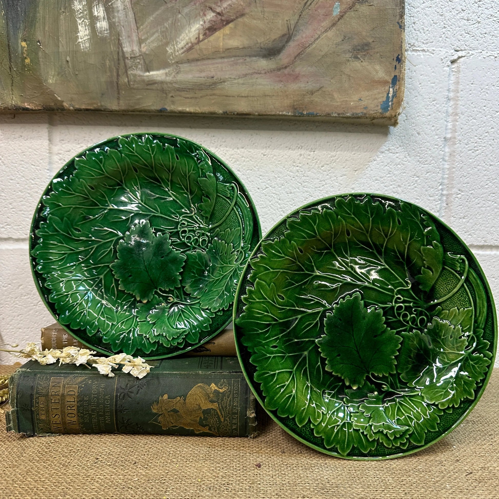 Victorian Vine Leaf Majolica Plates Pair The Blind Mole