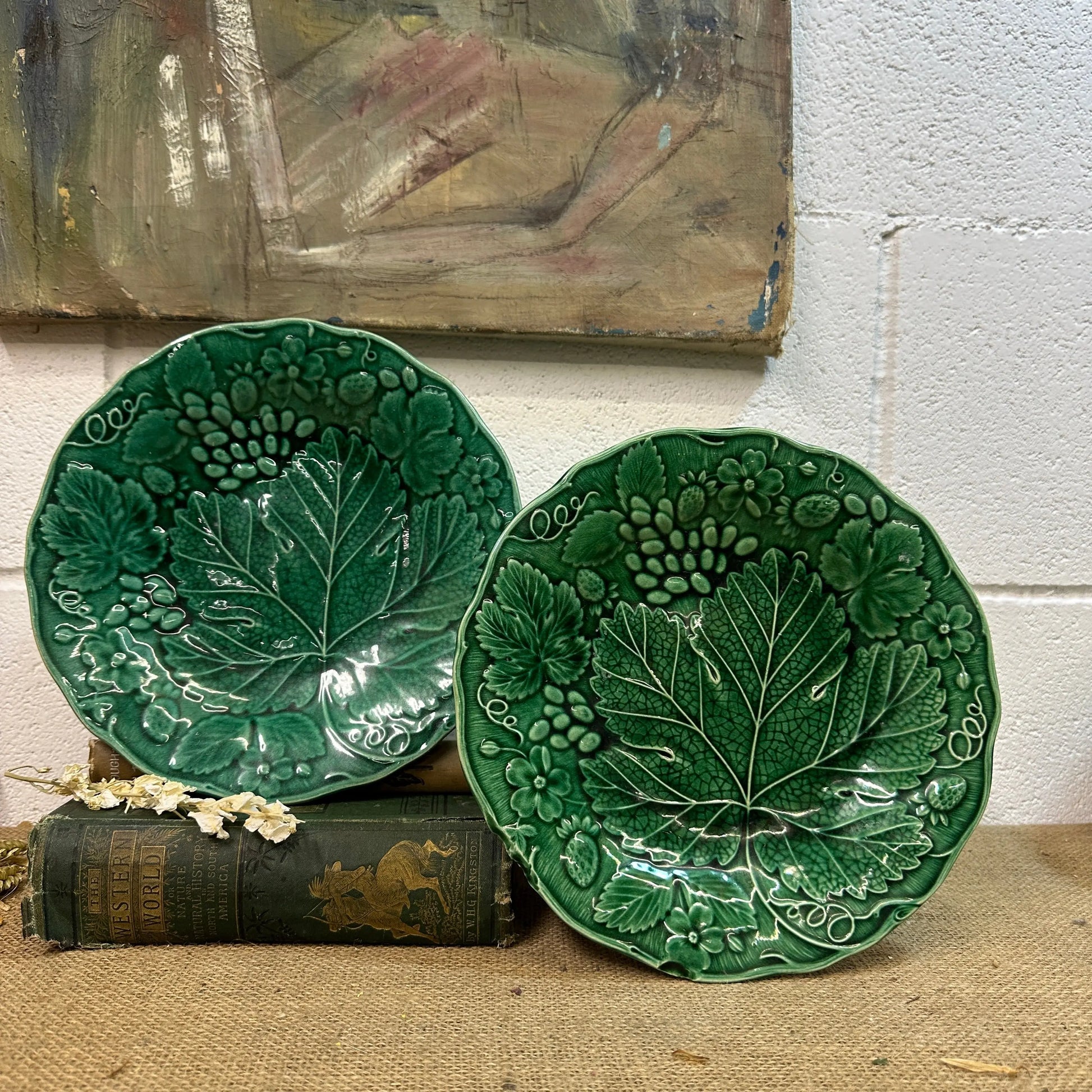 Victorian Strawberry Leaf Majolica Plates Pair The Blind Mole
