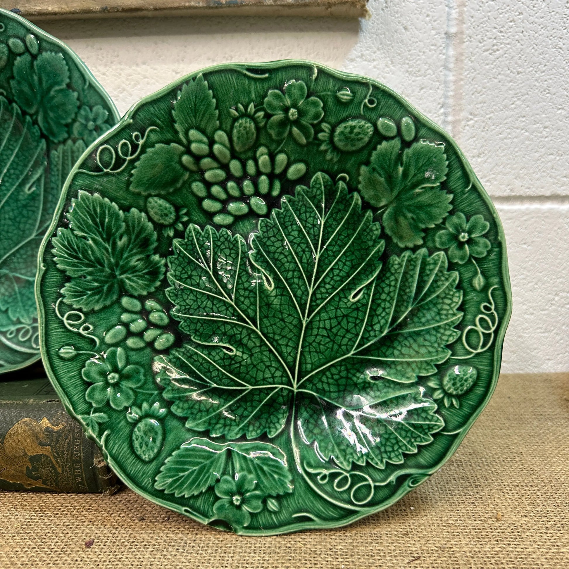 Victorian Strawberry Leaf Majolica Plates Pair The Blind Mole