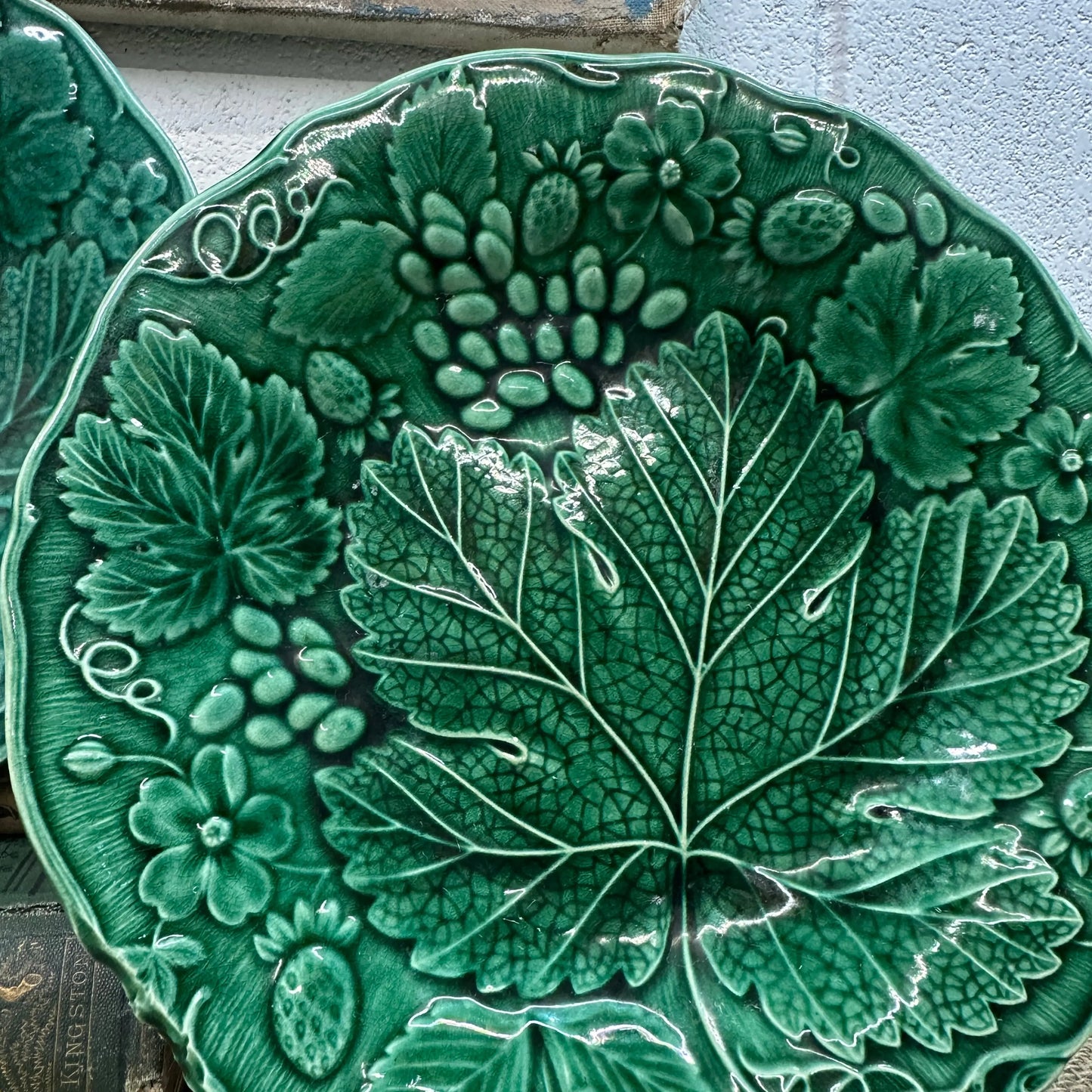 Victorian Strawberry Leaf Majolica Plates Pair The Blind Mole