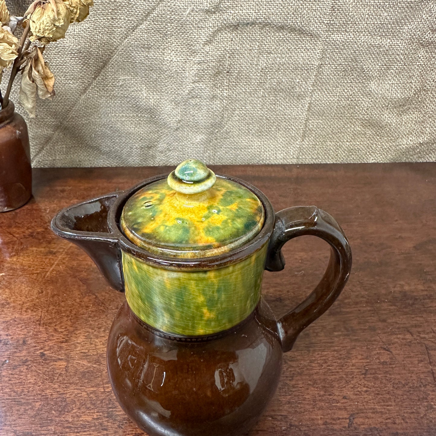 Dip Glazed Brown Stoneware Lidded Jug