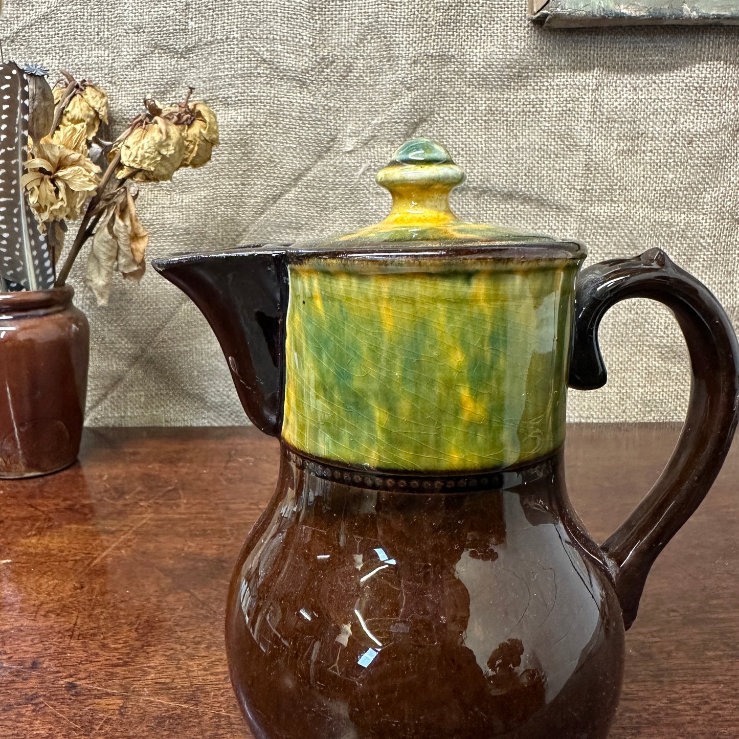 Dip Glazed Brown Stoneware Lidded Jug