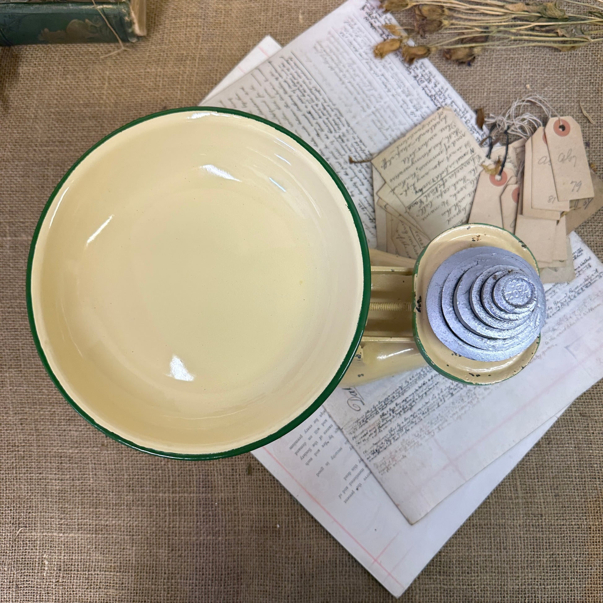 Vintage Yellow Enamel Kitchen Scales - The Blind Mole