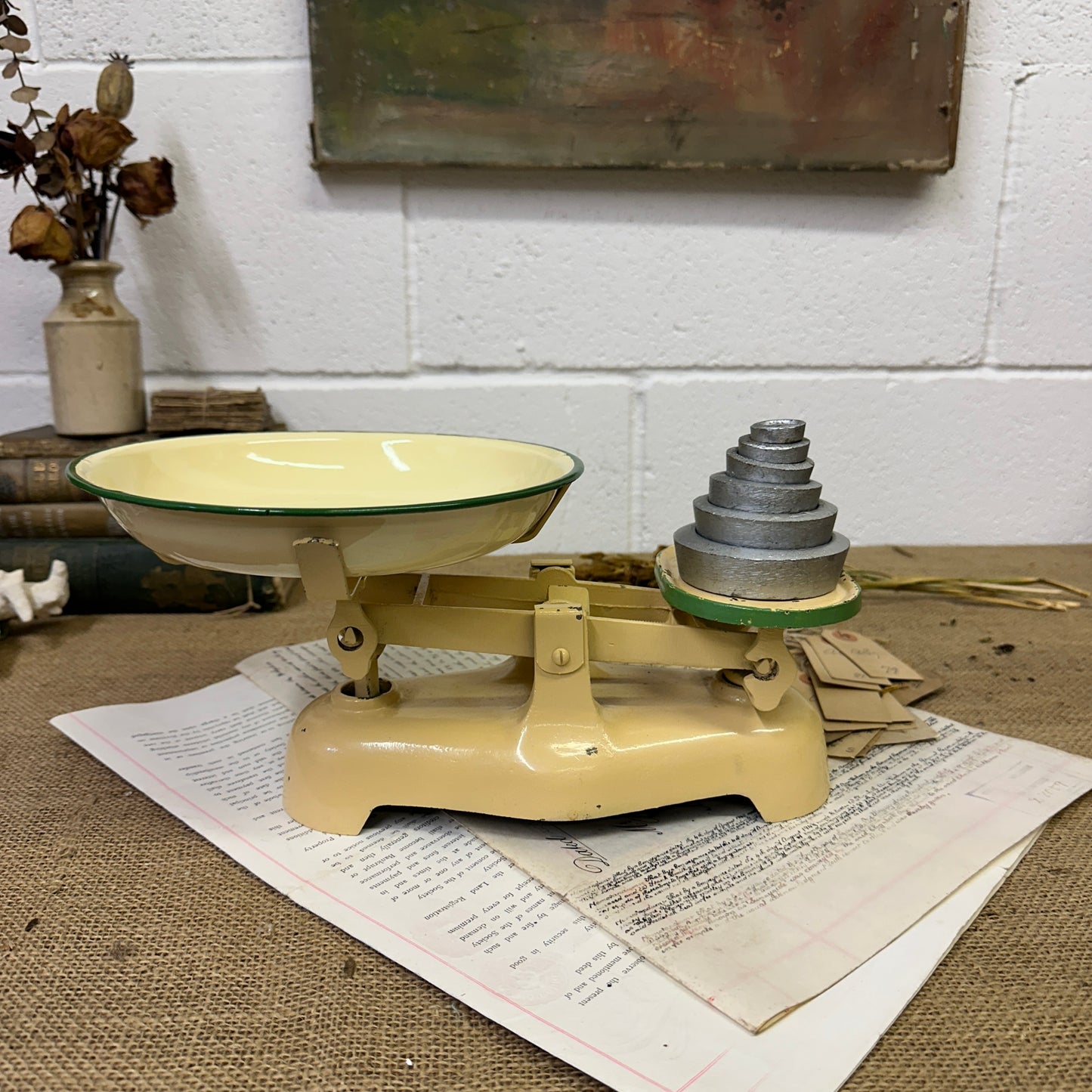 Vintage Yellow Enamel Kitchen Scales - The Blind Mole