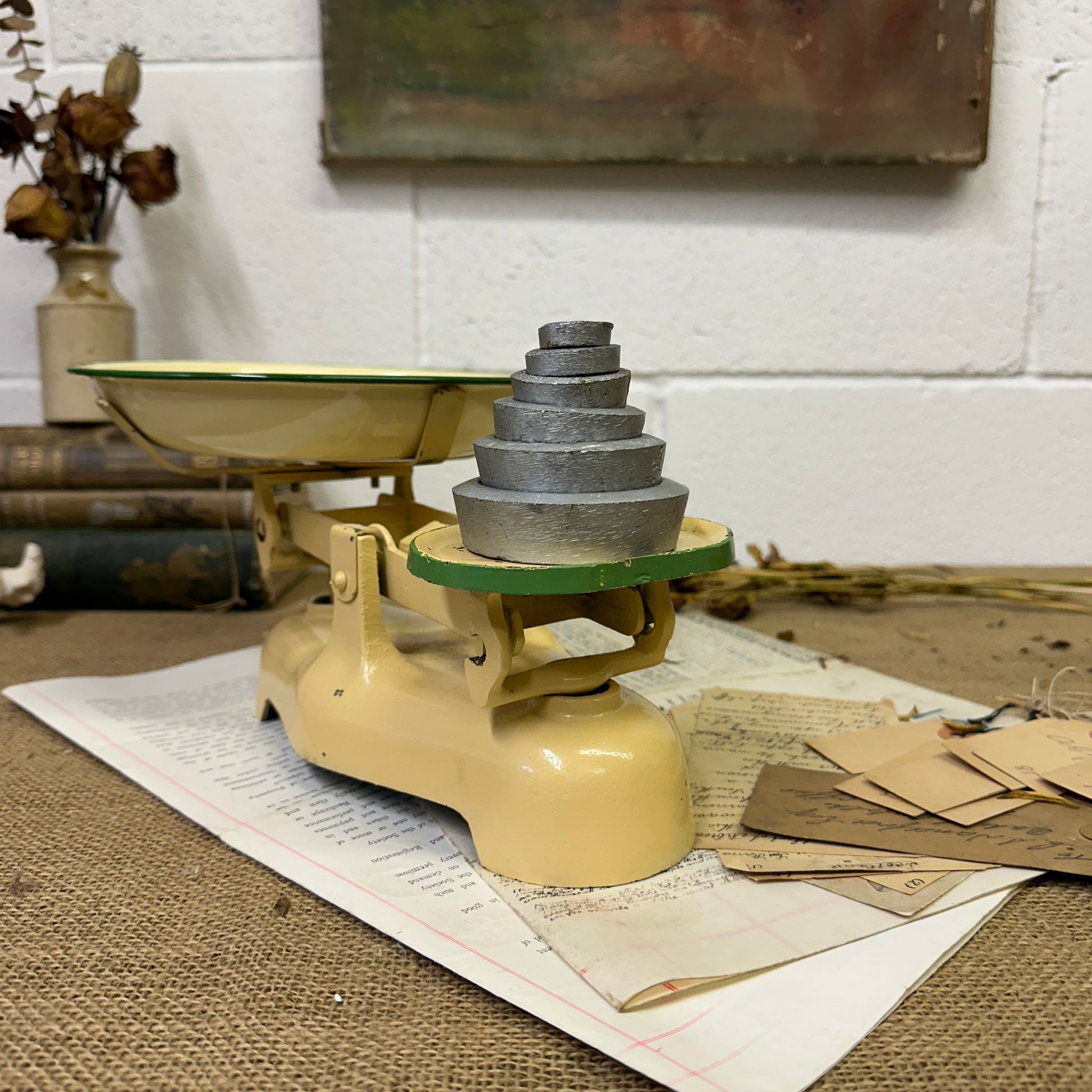 Vintage Yellow Enamel Kitchen Scales - The Blind Mole