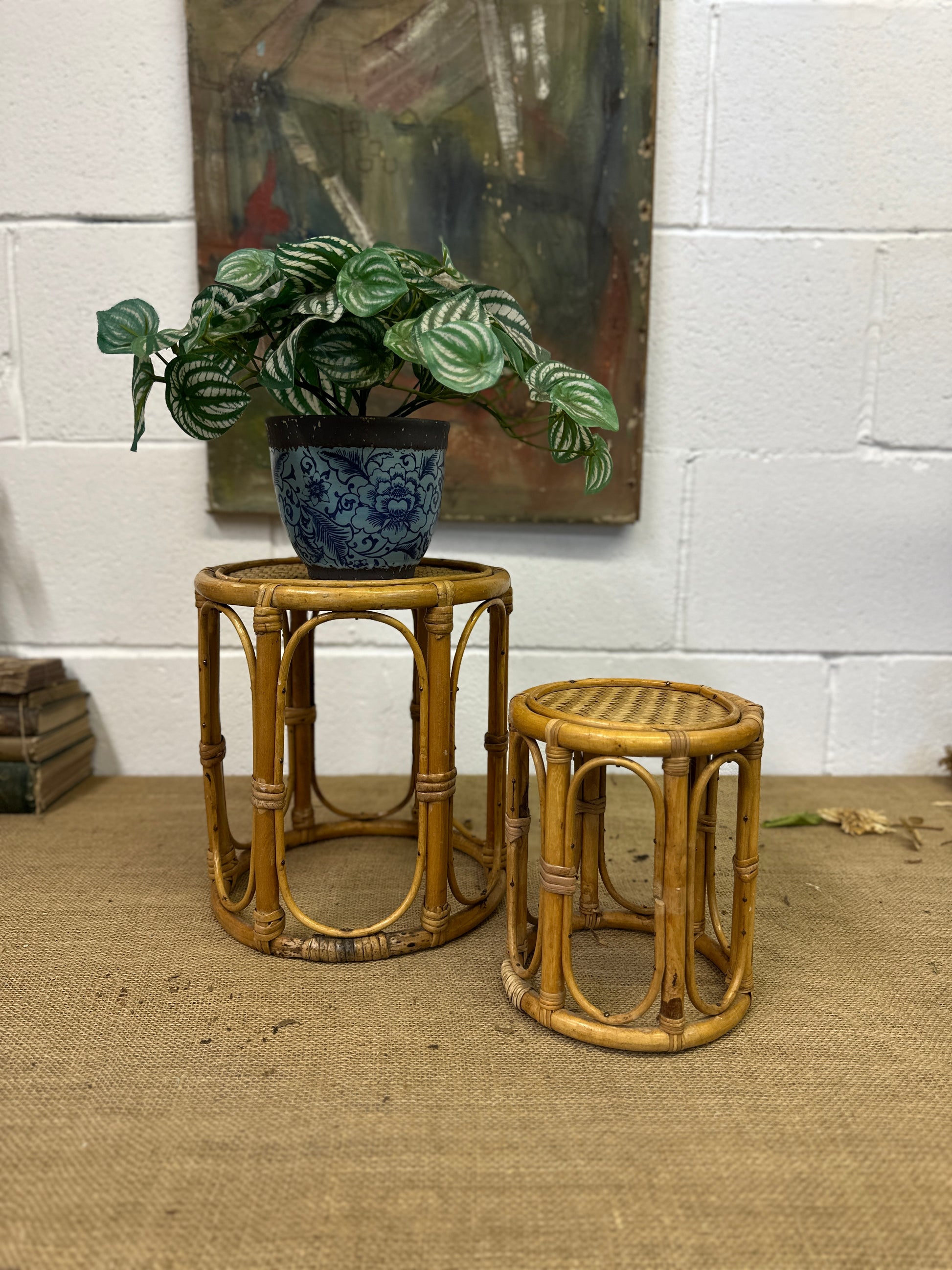 Pair Boho Bamboo Plant Stands Nesting Tables - The Blind Mole