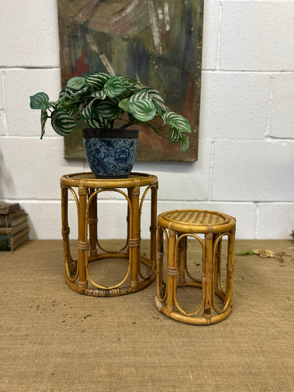 Pair Boho Bamboo Plant Stands Nesting Tables - The Blind Mole