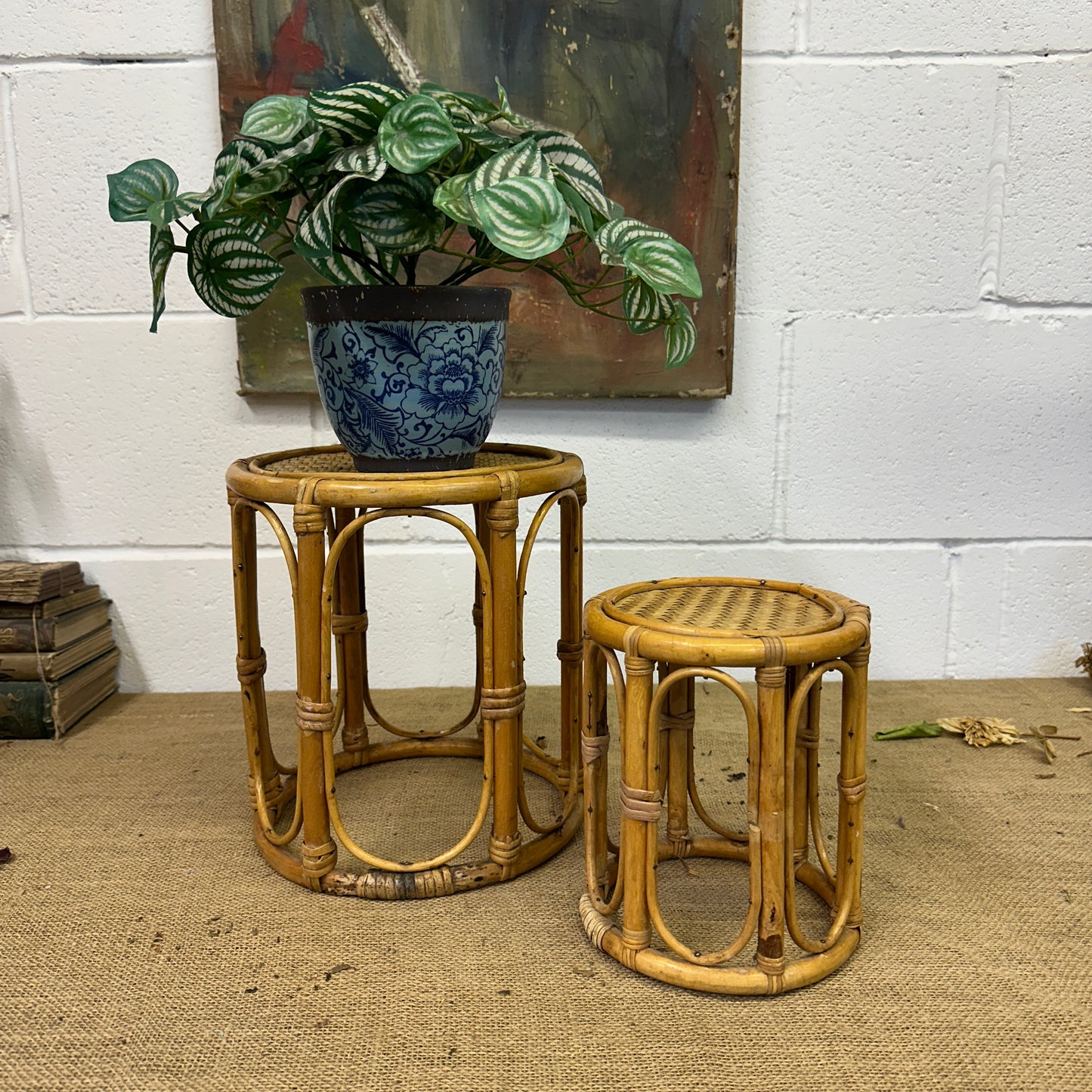 Pair Boho Bamboo Plant Stands Nesting Tables - The Blind Mole