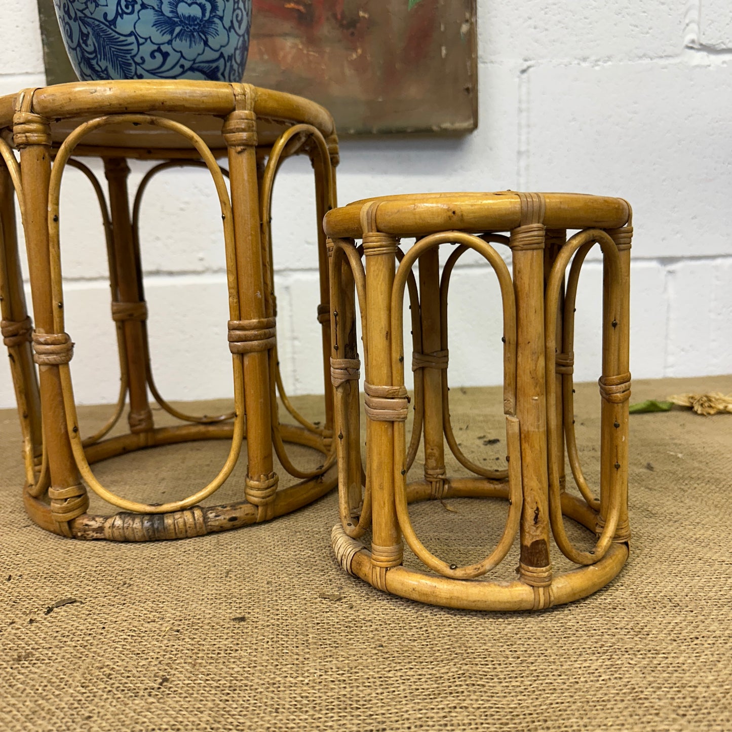 Pair Boho Bamboo Plant Stands Nesting Tables - The Blind Mole