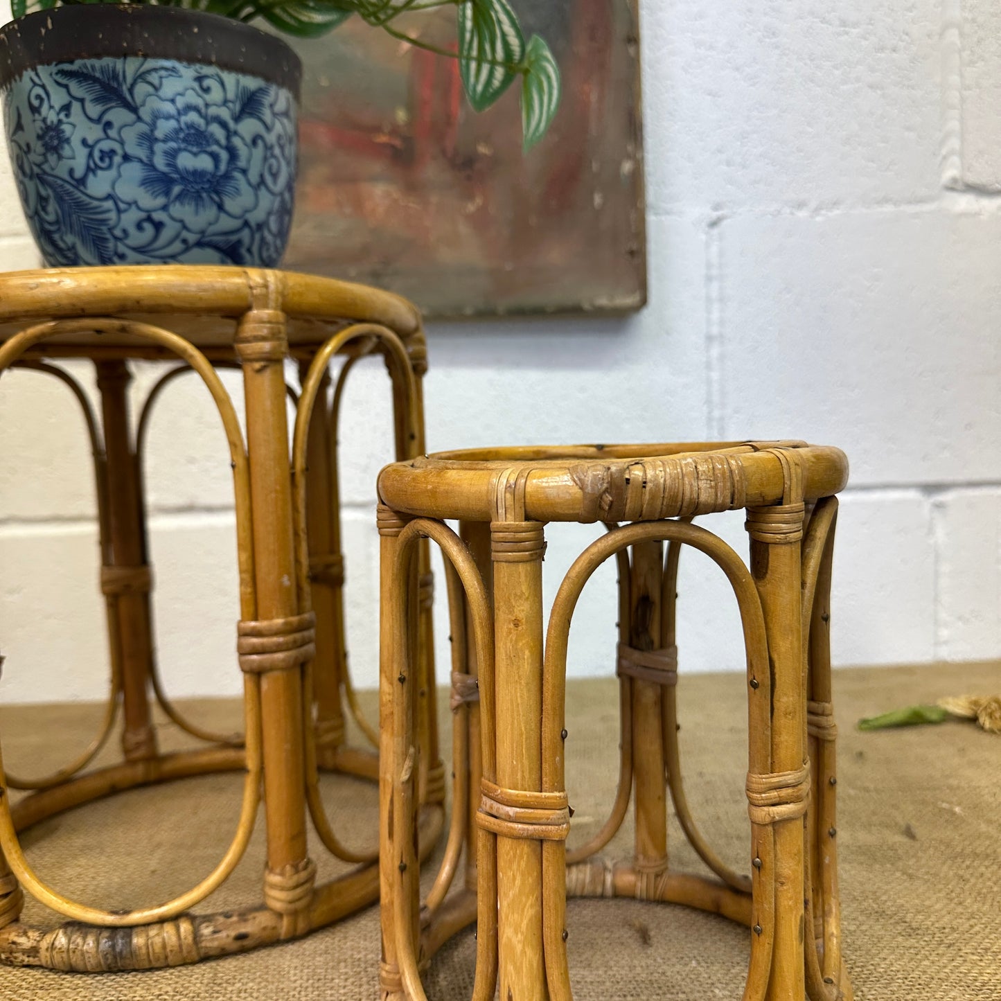 Pair Boho Bamboo Plant Stands Nesting Tables - The Blind Mole