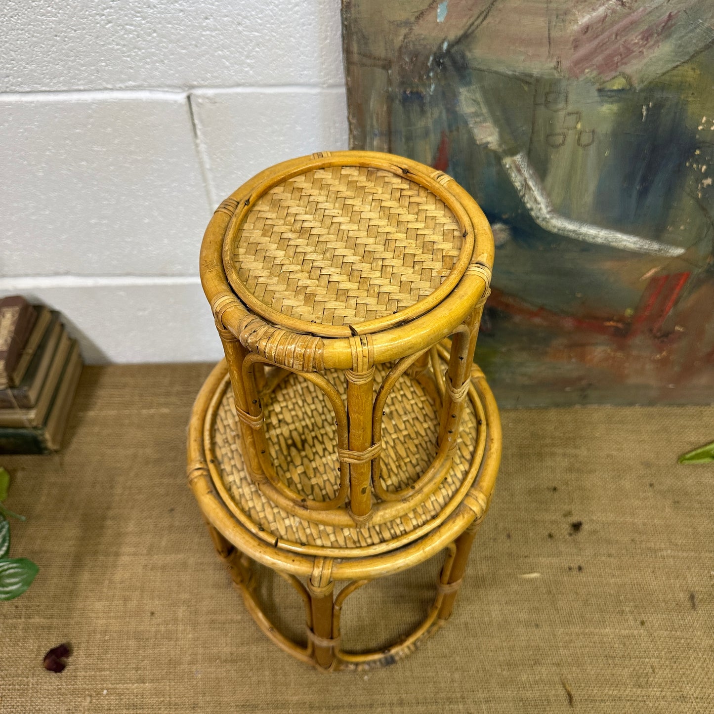 Pair Boho Bamboo Plant Stands Nesting Tables - The Blind Mole