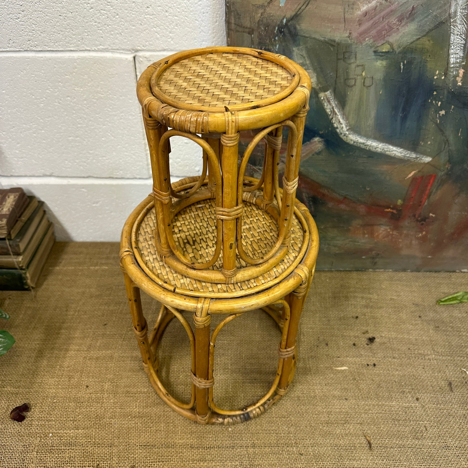 Pair Boho Bamboo Plant Stands Nesting Tables - The Blind Mole