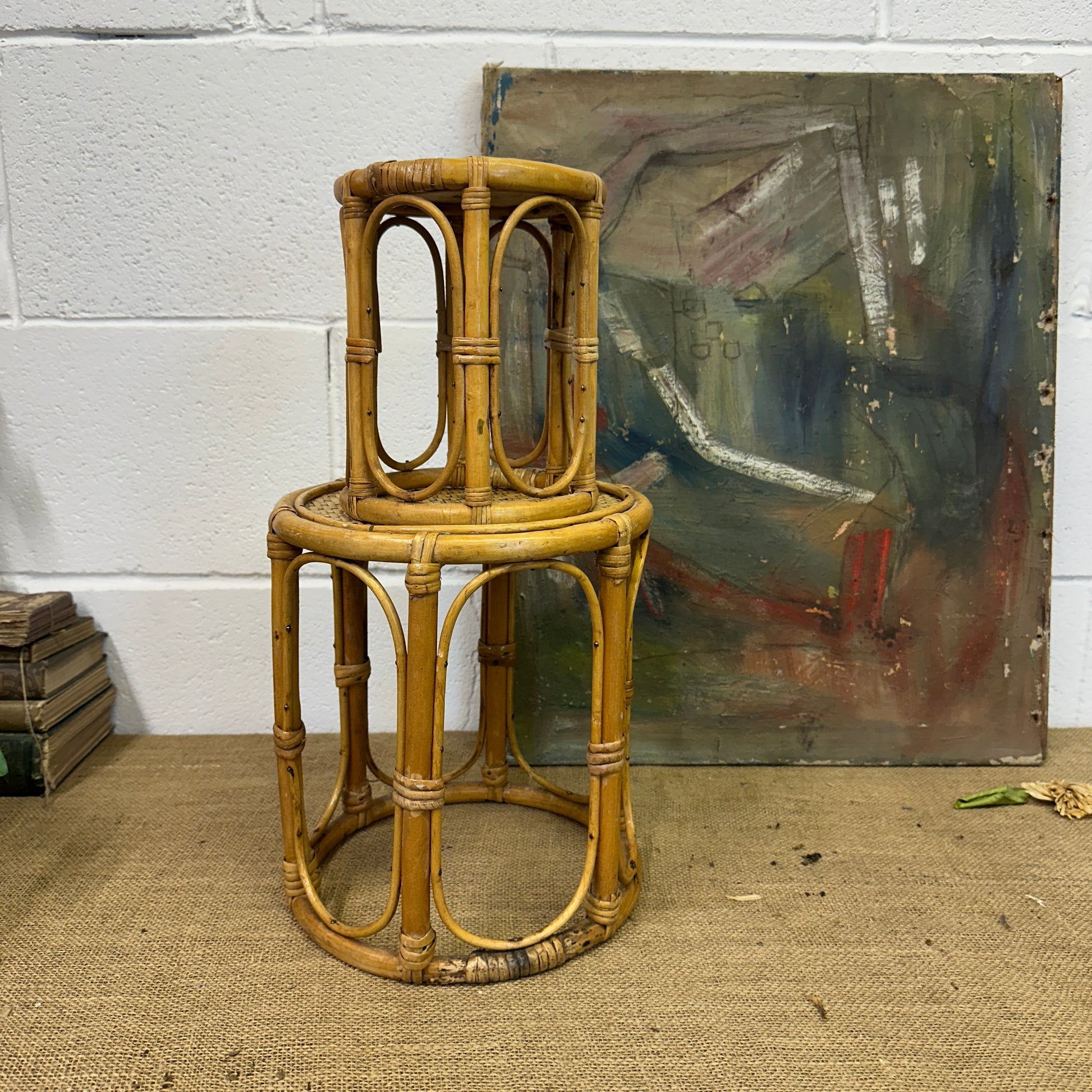 Pair Boho Bamboo Plant Stands Nesting Tables - The Blind Mole