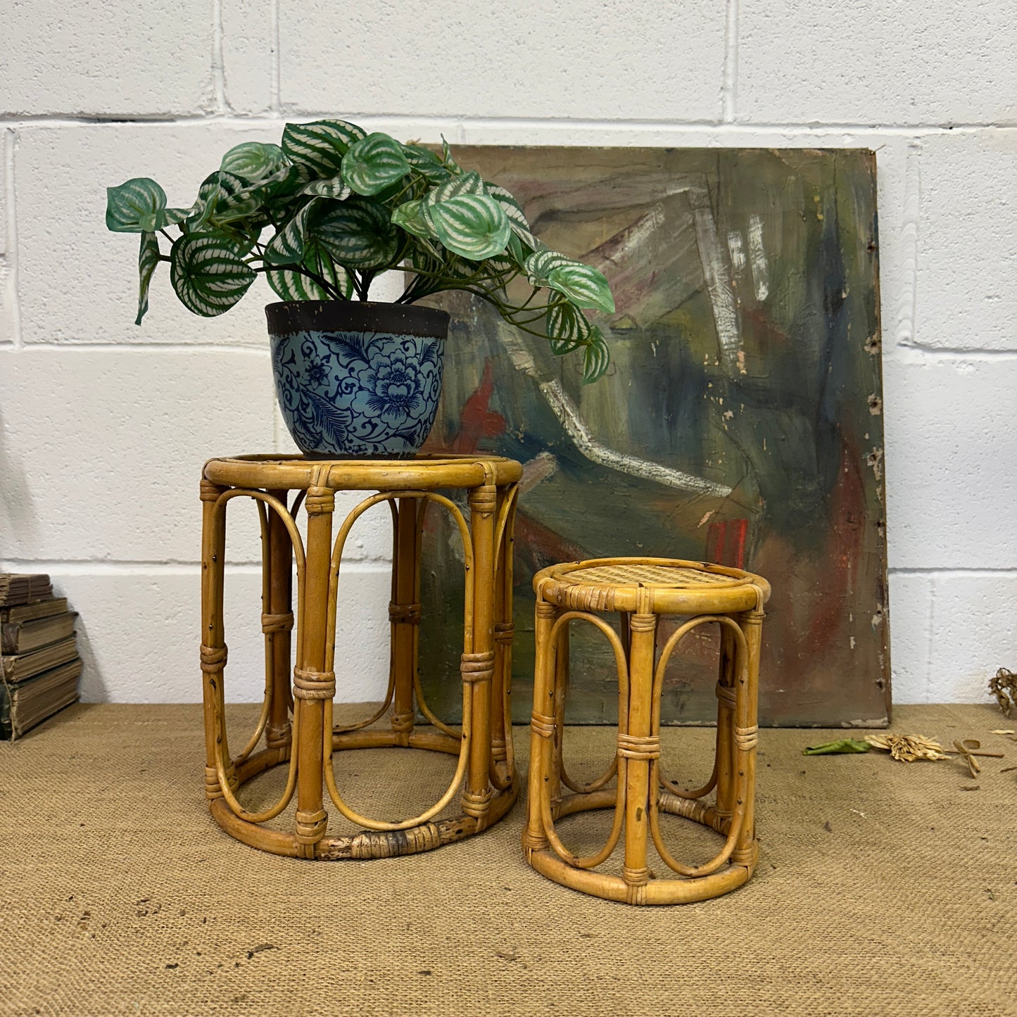 Pair Boho Bamboo Plant Stands Nesting Tables - The Blind Mole