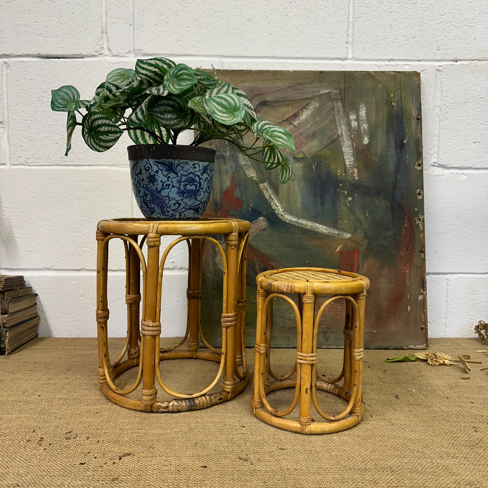 Pair Boho Bamboo Plant Stands Nesting Tables - The Blind Mole