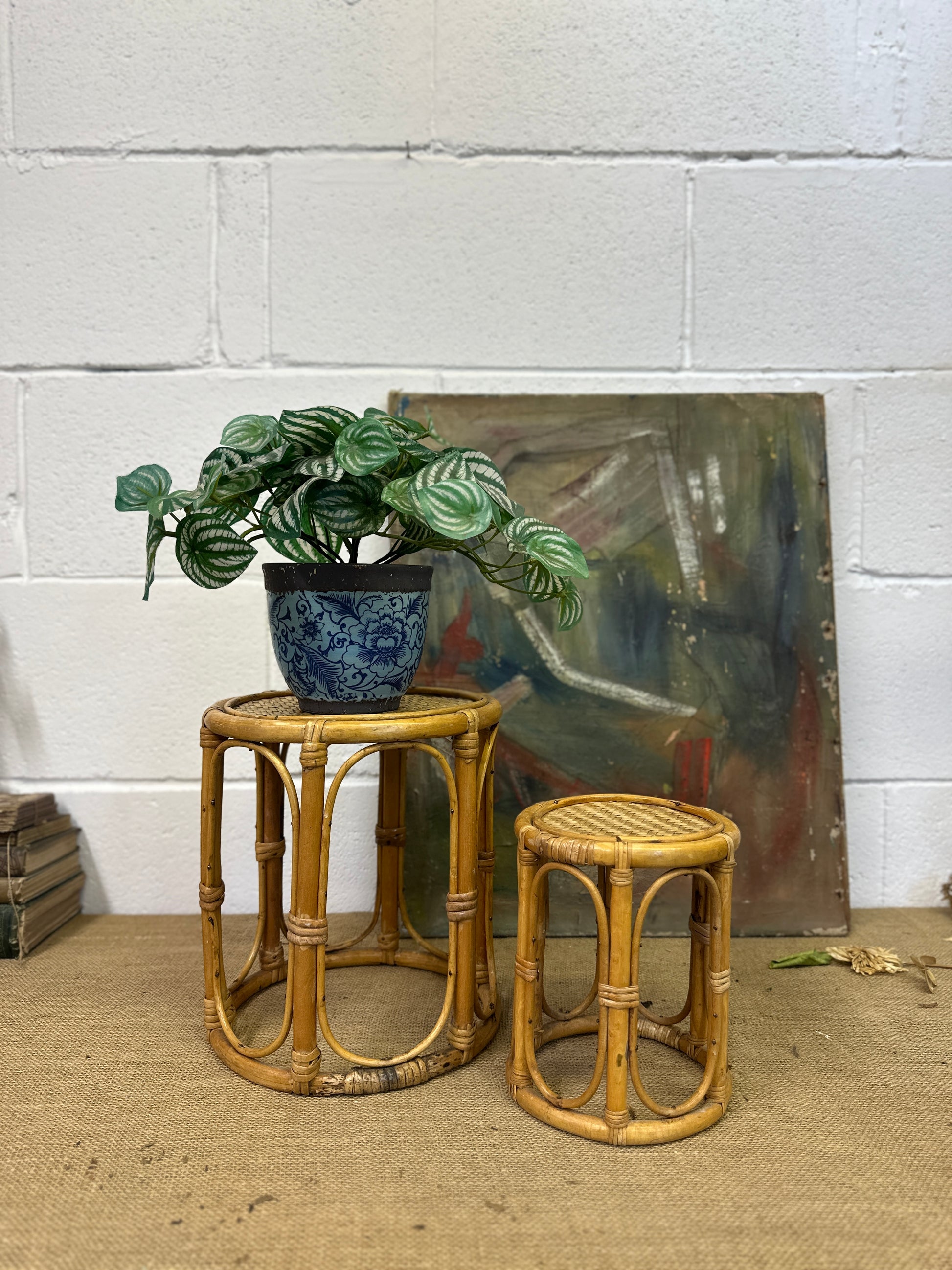 Pair Boho Bamboo Plant Stands Nesting Tables - The Blind Mole