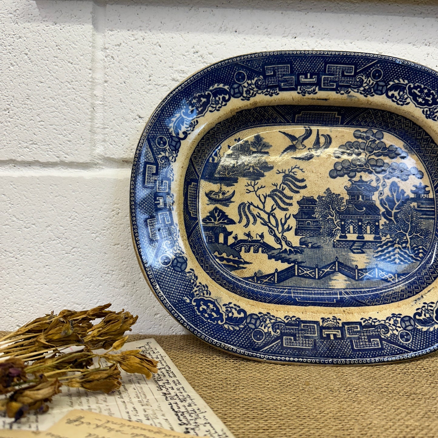 Antique Chinese Willow Serving Platter Crown Pottery