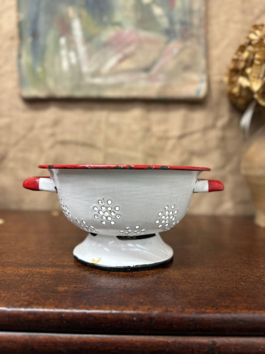 Vintage White & Red Enamel Colander Strainer