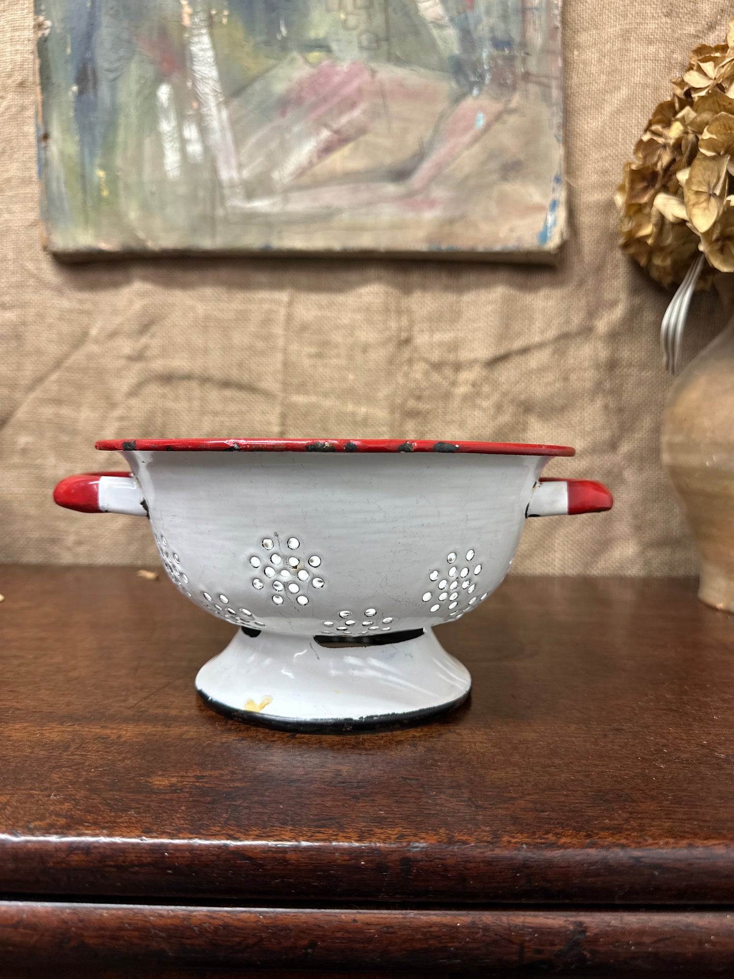 Vintage White & Red Enamel Colander Strainer