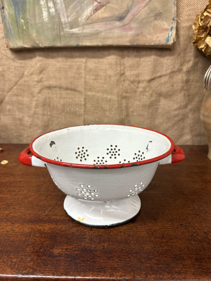 Vintage White & Red Enamel Colander Strainer
