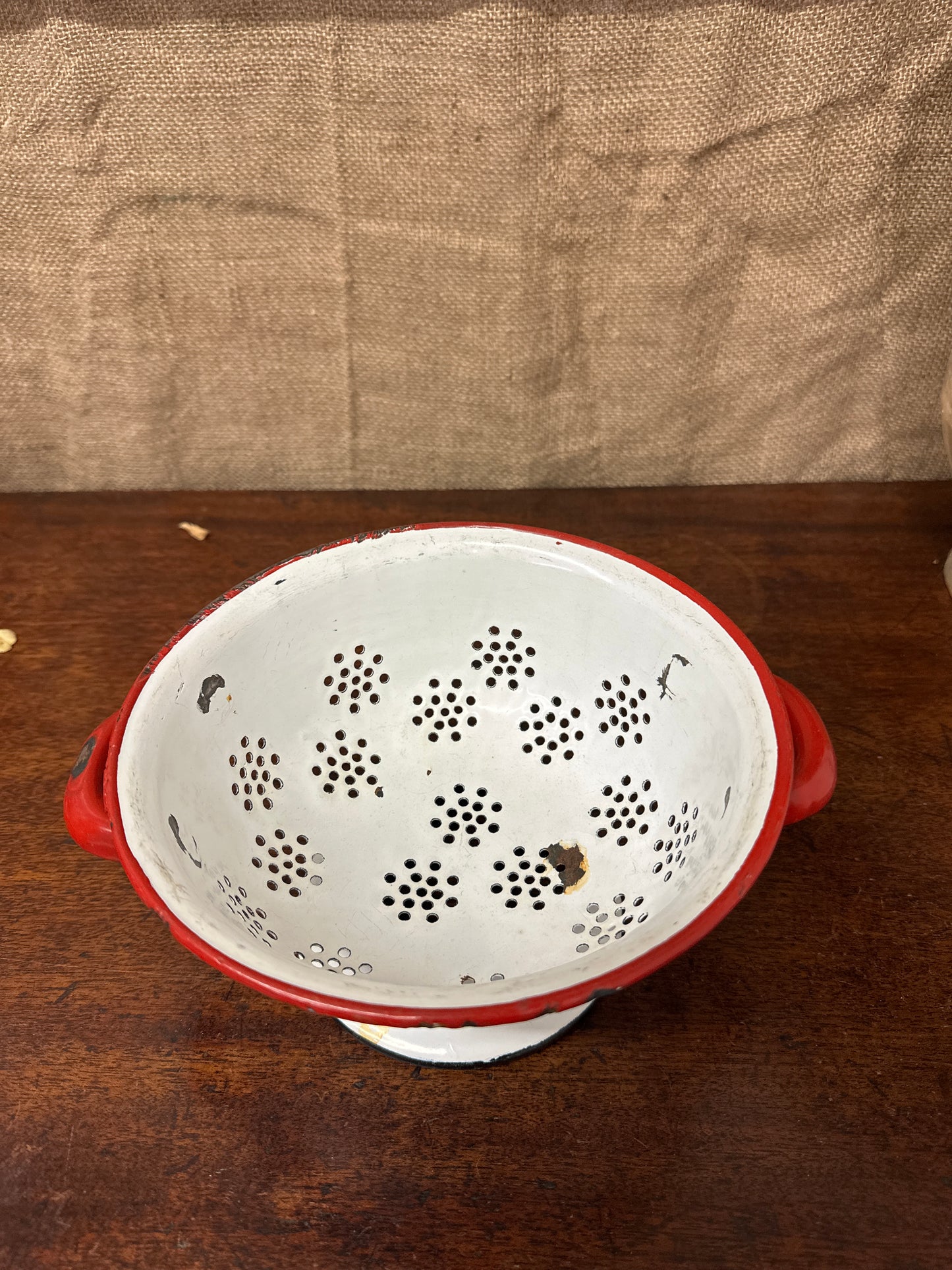 Vintage White & Red Enamel Colander Strainer