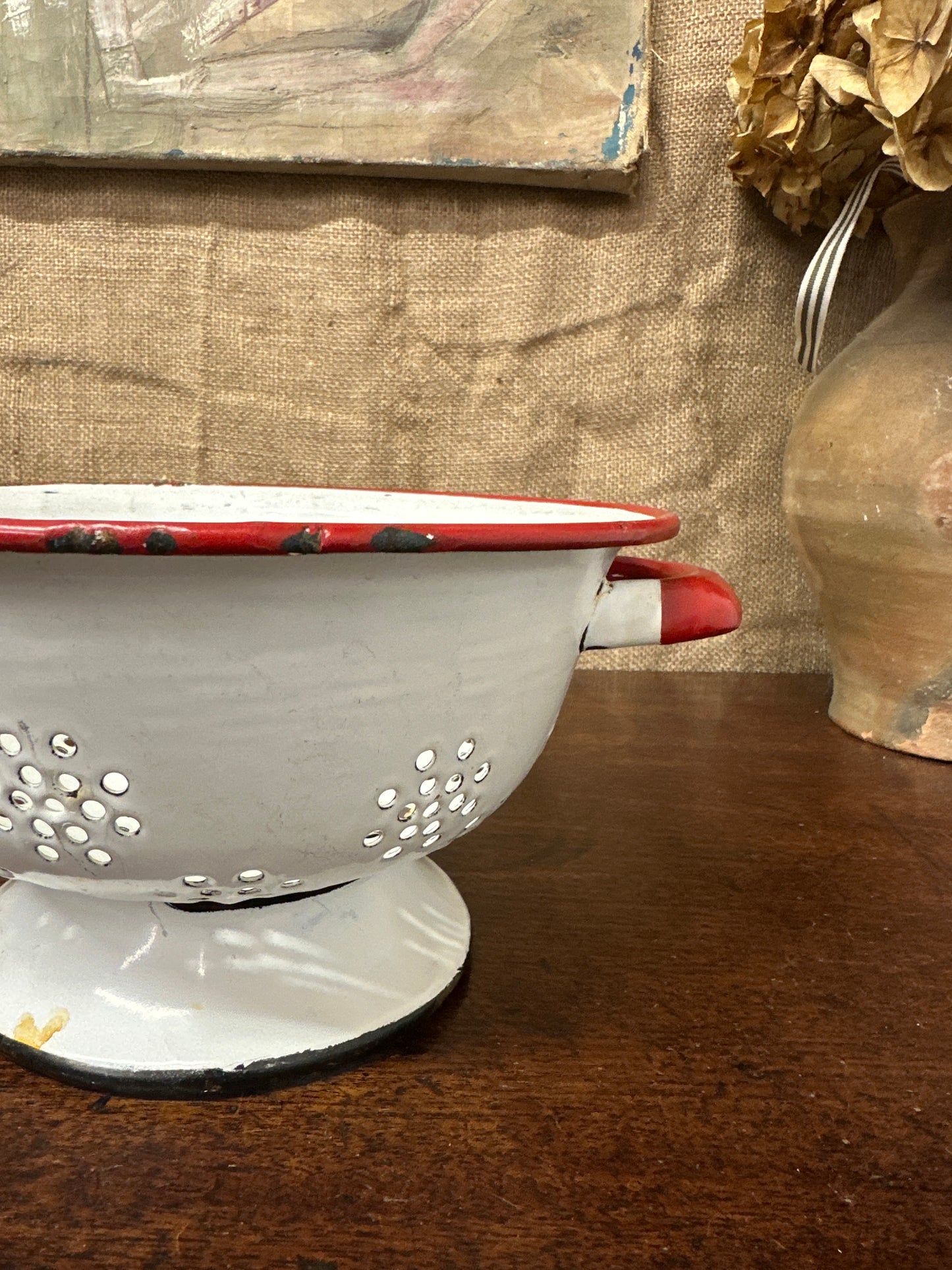Vintage White & Red Enamel Colander Strainer