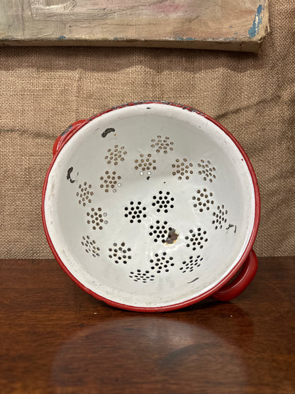 Vintage White & Red Enamel Colander Strainer