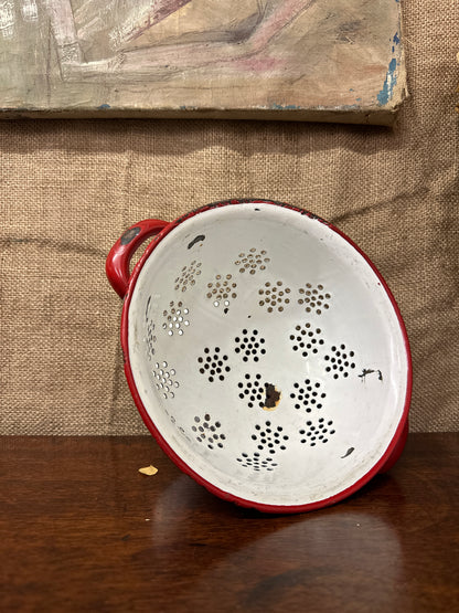 Vintage White & Red Enamel Colander Strainer