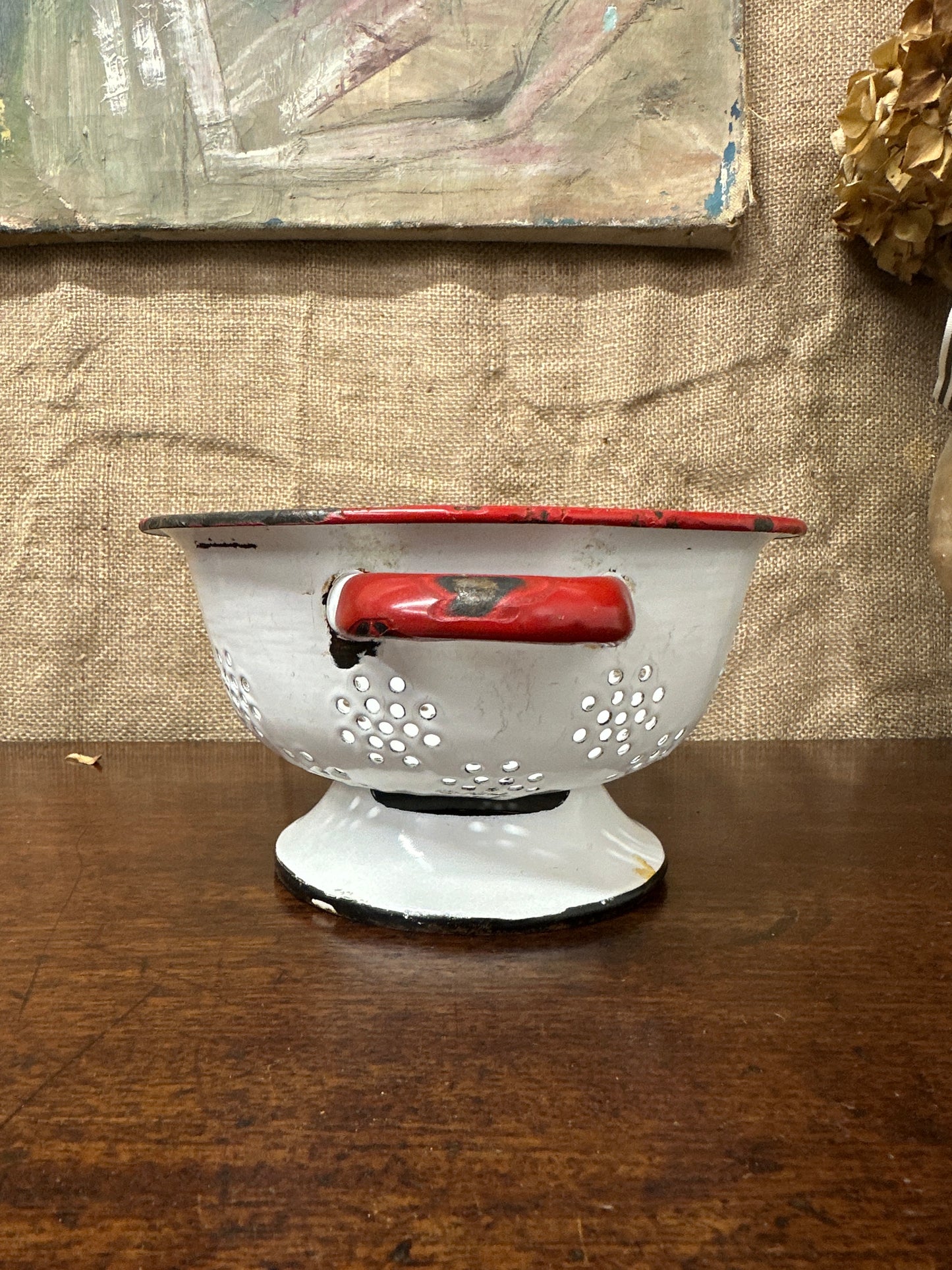 Vintage White & Red Enamel Colander Strainer