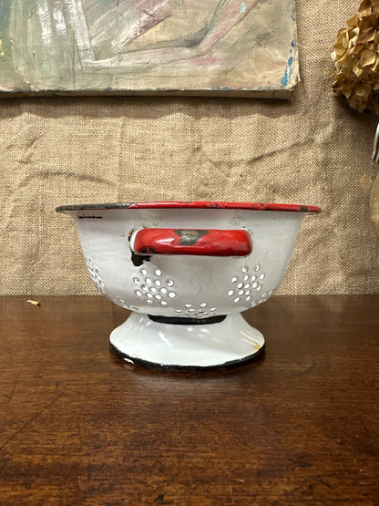 Vintage White & Red Enamel Colander Strainer