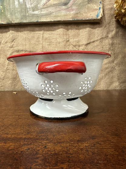 Vintage White & Red Enamel Colander Strainer